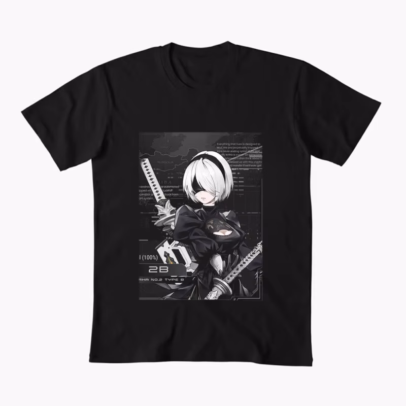2B NieR Automata Yorh No. 2 Type B Anime T-shirt for Gamer 0607 Waifu Girl Cyber Punk Graphic Clothes Y2K Tee US Size