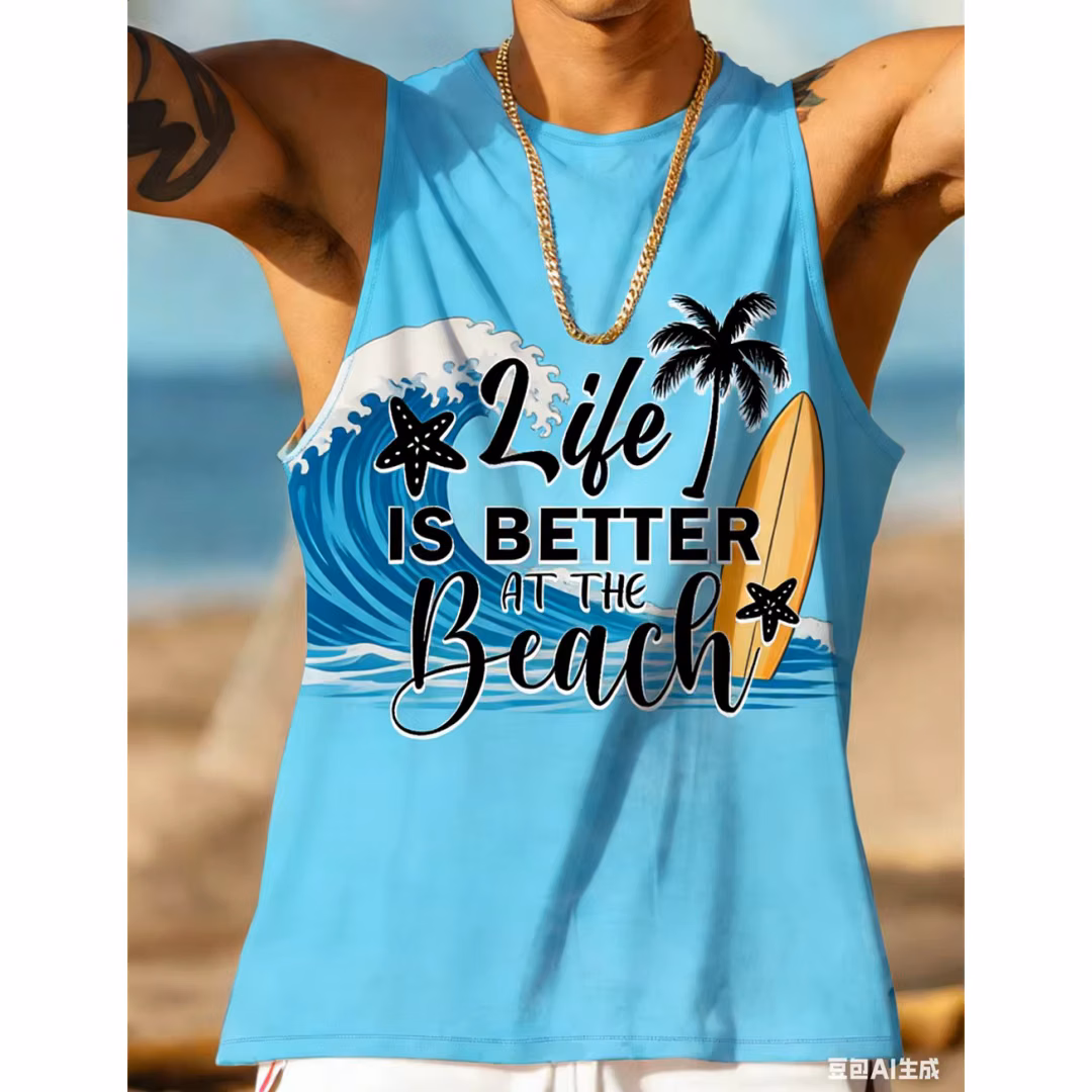 Men's Summer Vacation Tank Top Printed vest Hawaiian style sleeveless T-shirt Breathable sports vest Graphic Beach vest