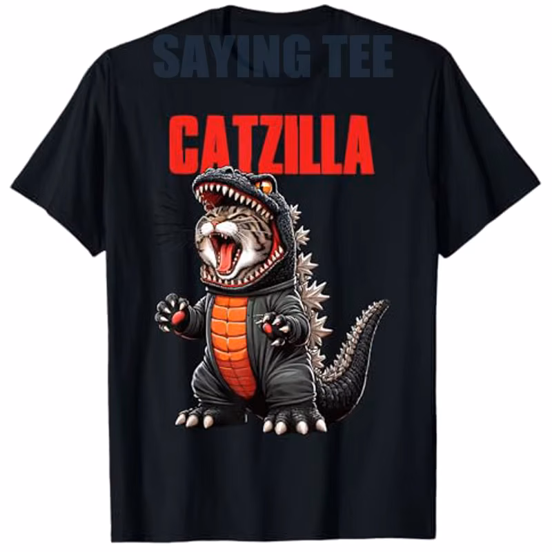 Cute Kitty Catzilla T-Shirt for Cat Moms & Dads Boys Fashion Japanese Anime Kitten Y2k Design Graphic Outfit Street