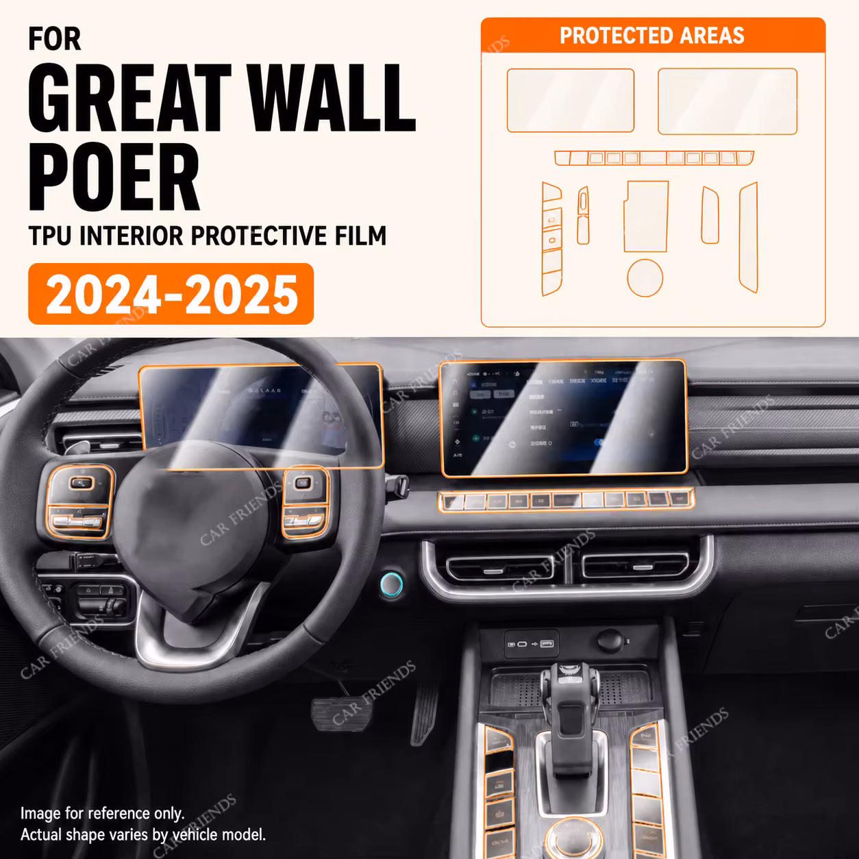 For GWM Poer 2024-2025 Transparent TPU Interior Protective Film Dashboard Panel Anti-Scratch Cover