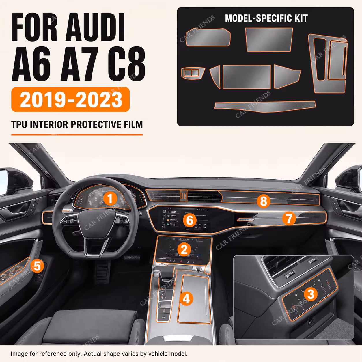 For Audi A6 A7 C8 2019-2023 Transparent TPU Interior Protective Film Center Console Anti-Scratch