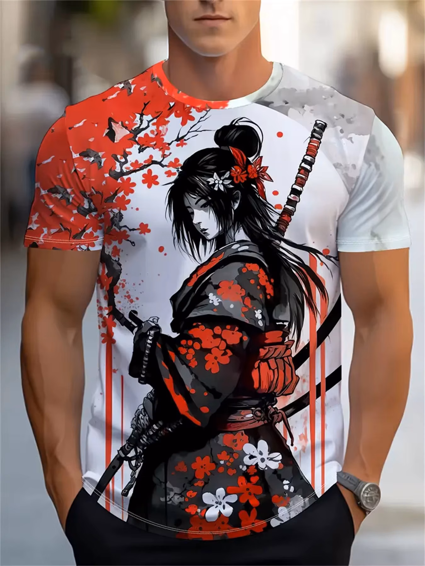 Sakura Samurai Pattern Men's T Shirt Japanese Anime Harajuku Short Sleeve Tees Hip Hop Trend Streetwear Casual O-neck