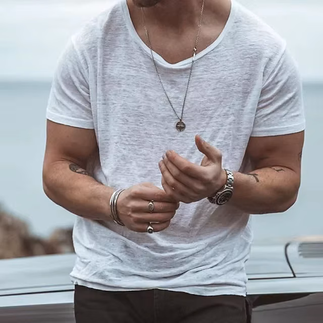2025 Summer Thin Men's T-shirt Solid Color Loose Crew Neck