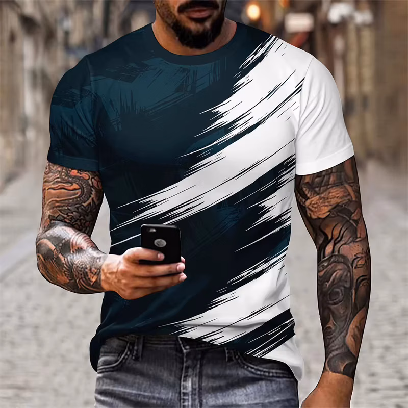 Men's Contrast Color 3D Print Short Sleeve T-shirt Summer Casual Loose Breathable Comfortable Tee Cool Trendy Street