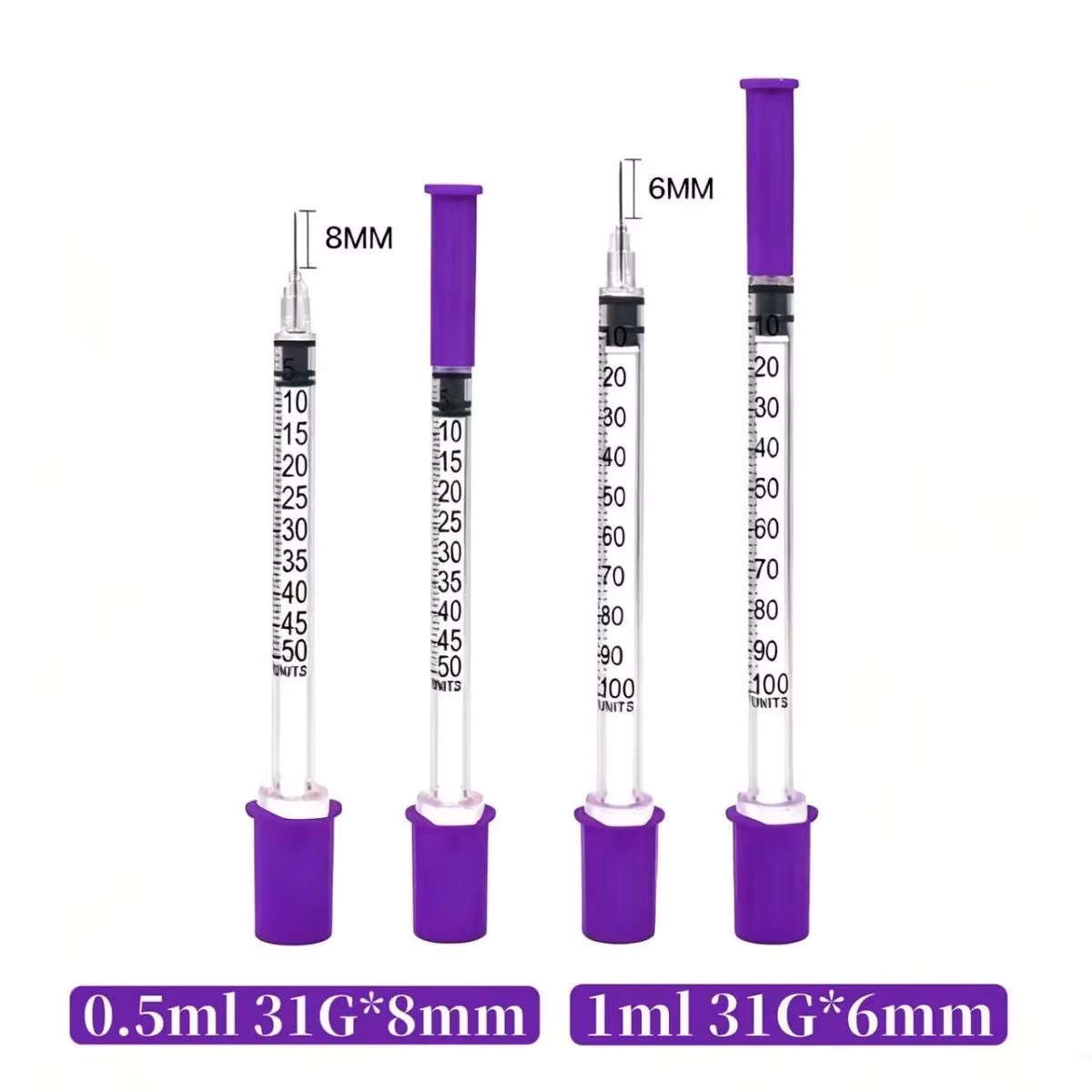 Purple Orange Insulin Syringe 0.3ml 0.5ml 1ml with 29g 30g 31g Needle for Human Veterinary Syringe