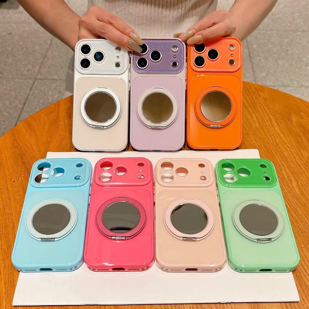 Fashion Solid Color Phone Case for iPhone 17 16 15 14 Pro Max with Rear Hidden Mirror Rotating Stand