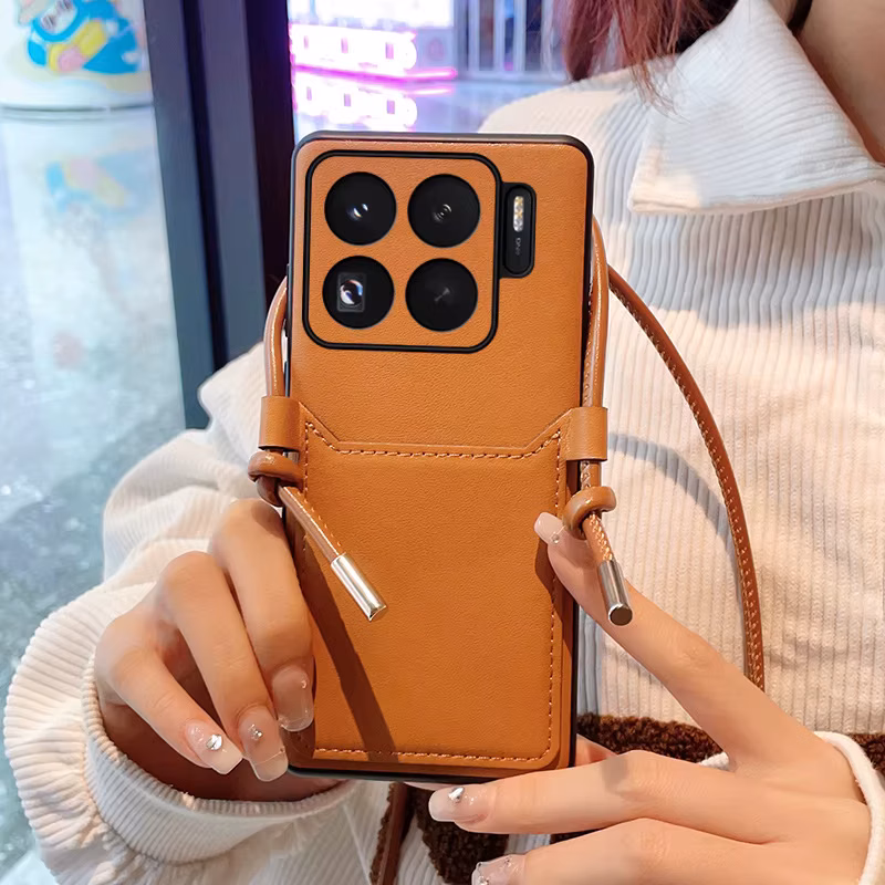 Solid Color Shoulder Strap Phone Cover for Xiaomi 15 Ultra 15S Pro with Back Wallet Case