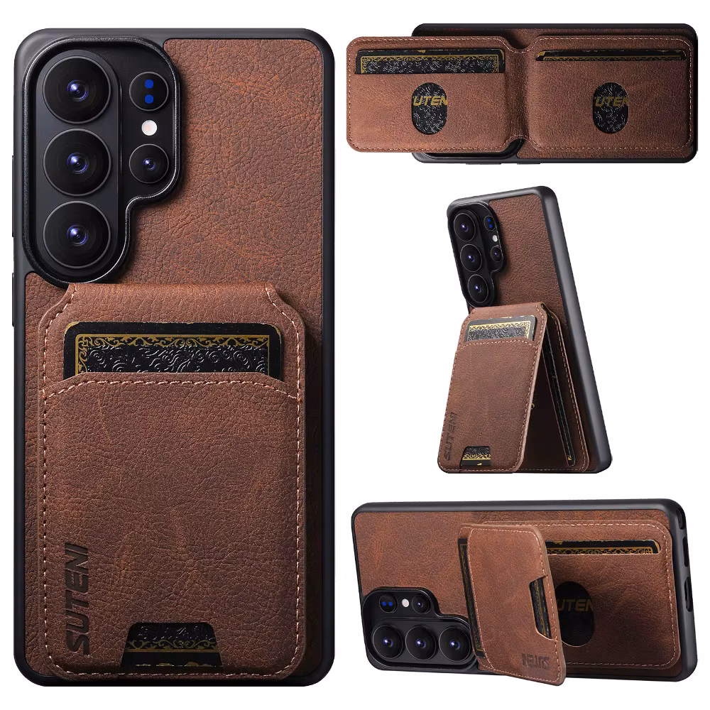 Solid Color Leather Phone Case for Samsung Galaxy S22 S23 S24 S25 Plus S26 Ultra with Back Magnetic Flip Wallet Card