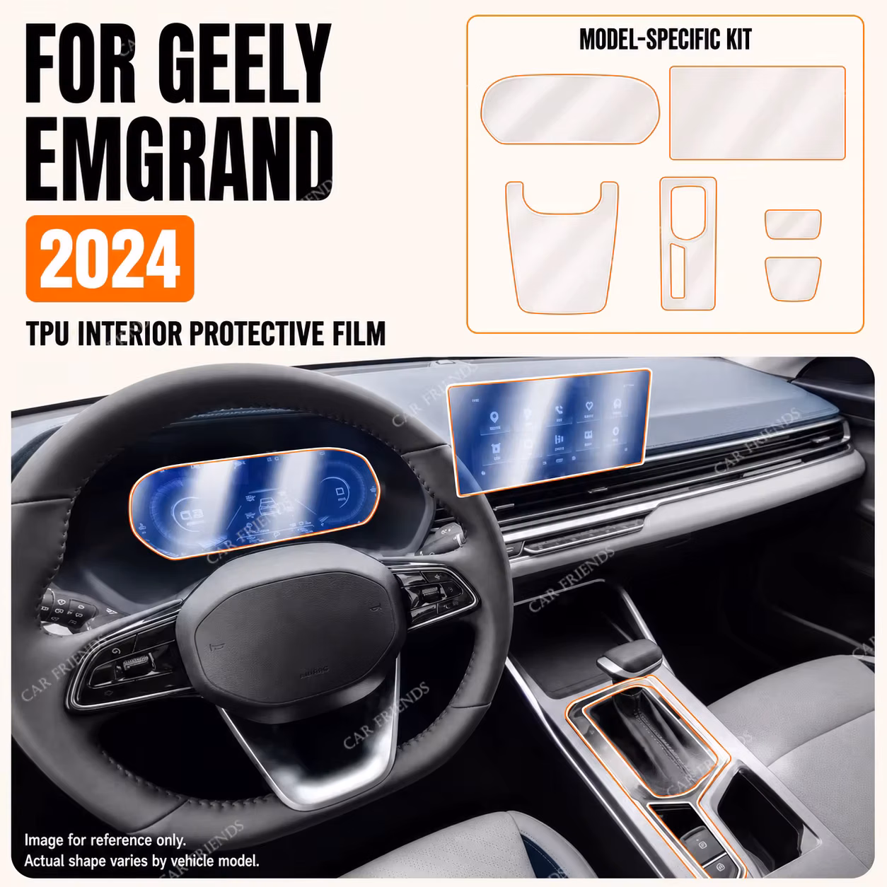 For Geely Emgrand 2024 Transparent TPU Interior Protective Film for Gearbox Panel Navigation Screen Anti-Scratch
