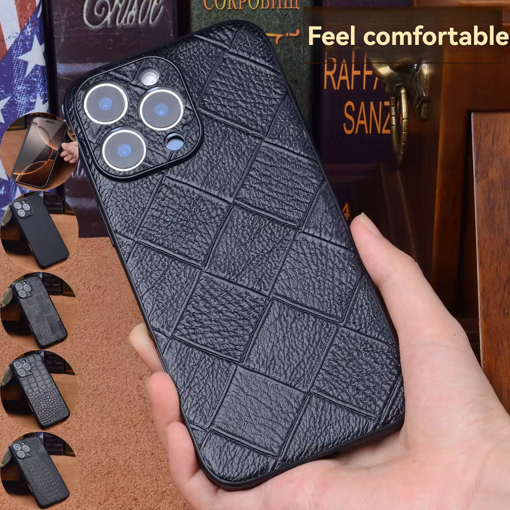 Black Genuine Leather Phone Case For iPhone 16 Pro Max iPhone 16 Plus Series