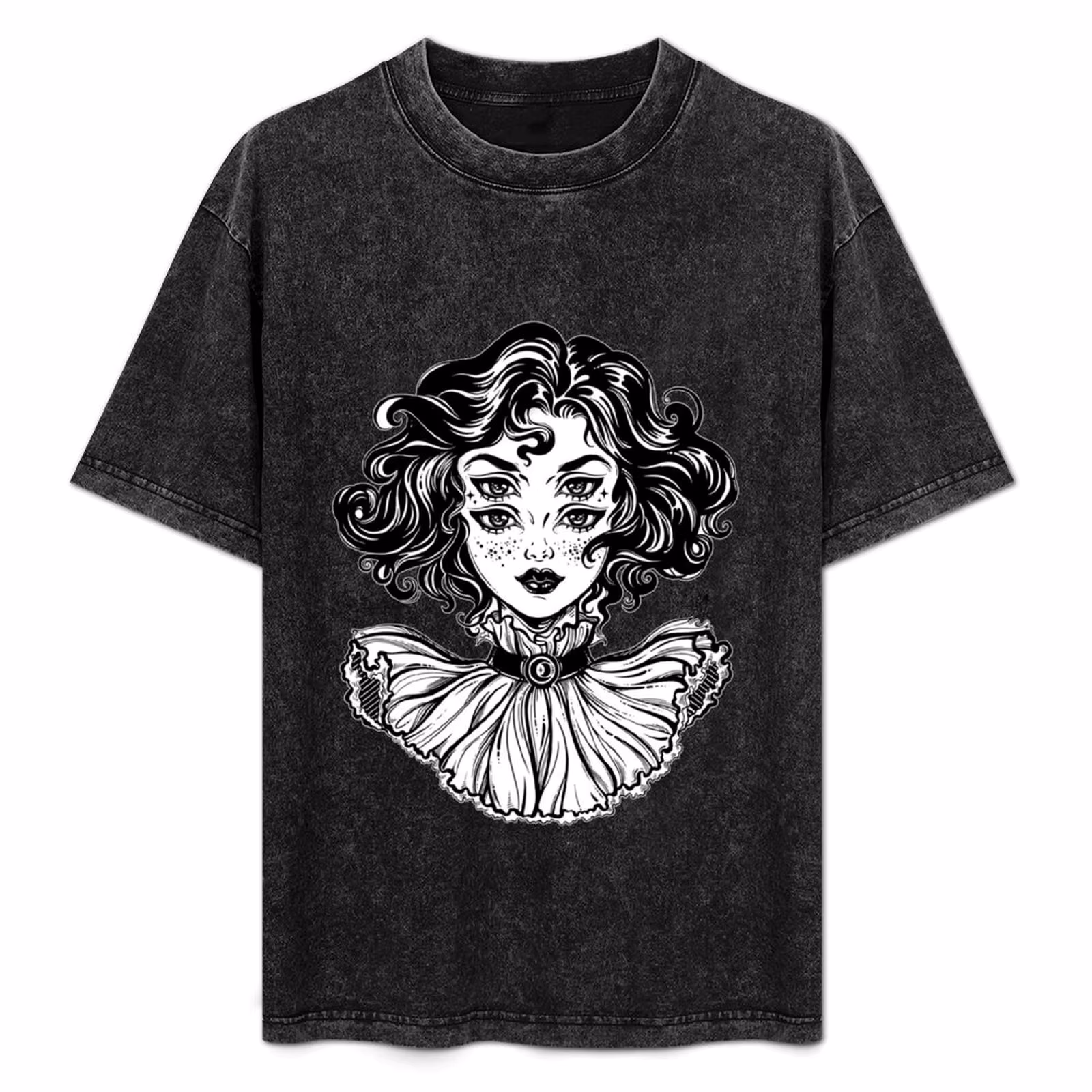 Gothic witch girl head portrait with curly hair and four eyes. T-Shirt Halloween Theme T-Shirt