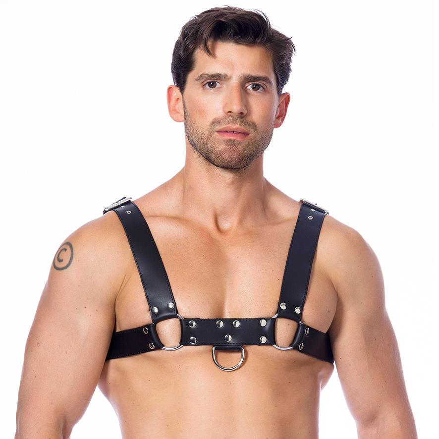 Men's Leather Body Harness With Wide Chest Band