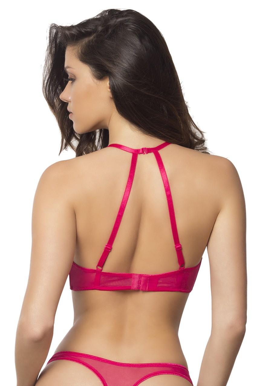 High Neck Bra With Diagonal Eyelash Lace Panels - Extra Large - Bright Rose
