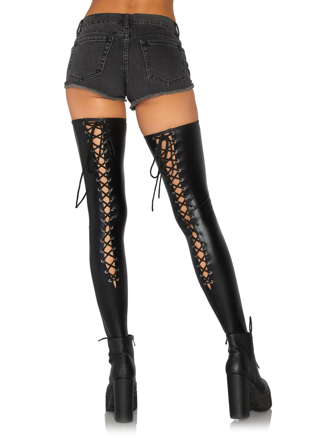 Wet Look Lace Up Thigh Hi - Black - M/l