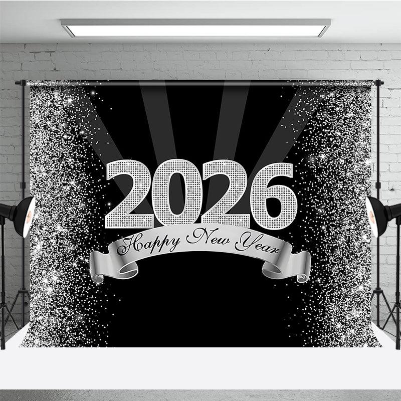 Aperturee Happy New Year 2026 Backdrop in Black and Silver Glitter, Elegant Diamond Themed NYE Party, Spotlight Decor, 3x2ft (WxH)