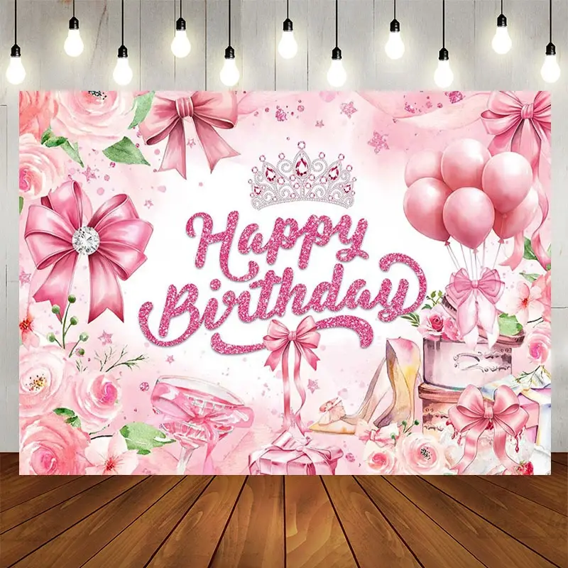Aperturee Pink Rose Bow Crown Glitter Happy Birthday Backdrop, 5X3FT(1.5X1M), 15.07 USD, birthday backdrops, AH0G876-E