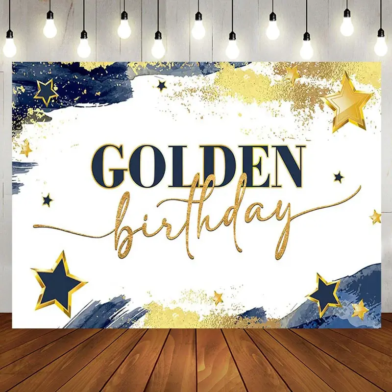 Aperturee Navy Blue Stars Golden Happy Birthday Party Backdrop | Cake Smash Backdrop | Backdrop For Birthday Party | Name Backdrop For Birthday