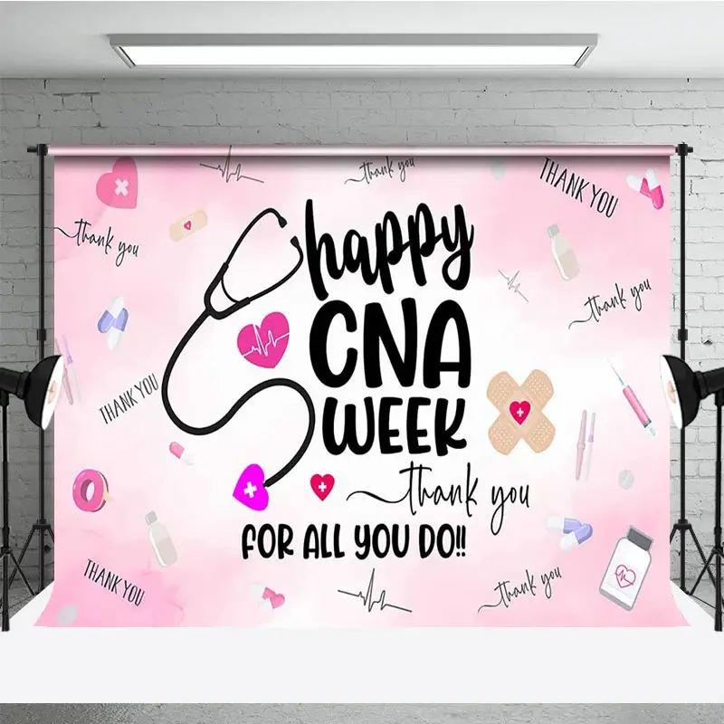Aperturee Pink Stethoscope Happy Cna Week Thank You Backdrop, 3X2FT(1MX0.6M), 14 USD, commemorative backdrops, AHF611A-M
