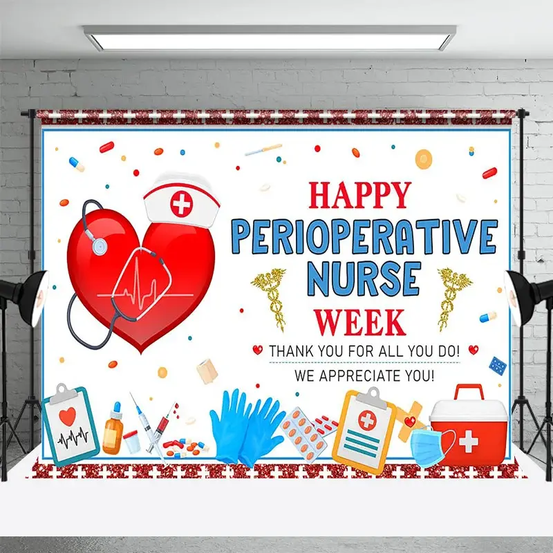 Aperturee Red Glitter Happy Perioperative Nurse Week Backdrop, 3X2FT(1MX0.6M), 14 USD, thank you backdrops, AHF785A-M