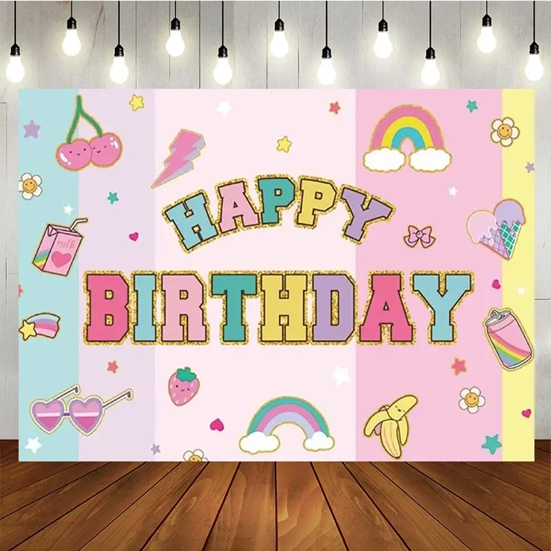 Aperturee Groovy Y2K Happy Birthday Backdrop, Pastel Retro with Rainbows and Cherries, 90s Themed Cute Party Photo Prop, 5x3ft (WxH)
