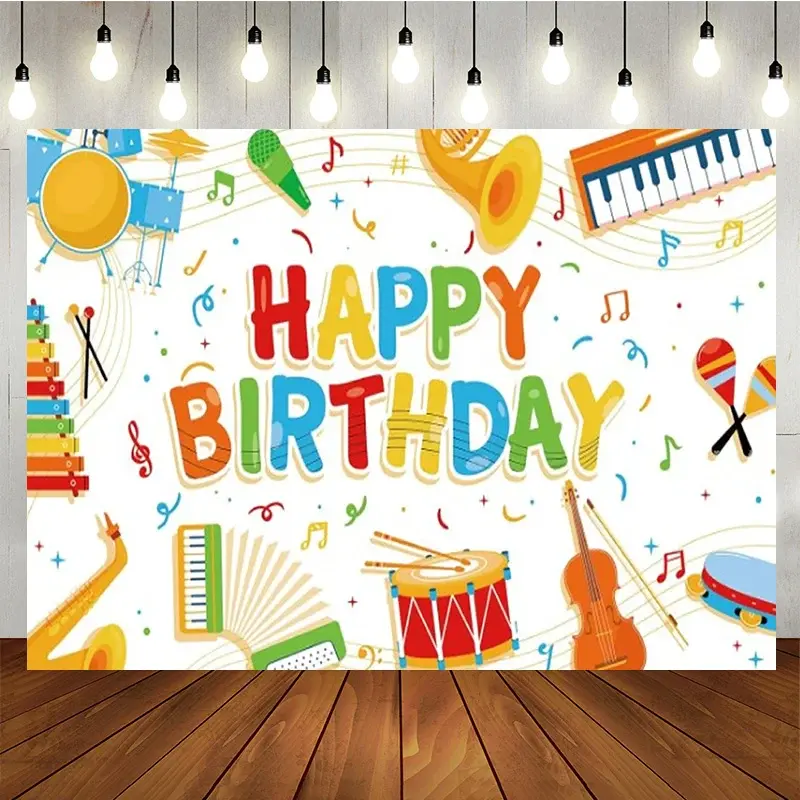 Aperturee Music Themed Happy Birthday Backdrop for Kids, Colorful Instruments with Notes, School Band Party Photo Prop Decor, 5x3ft (WxH)