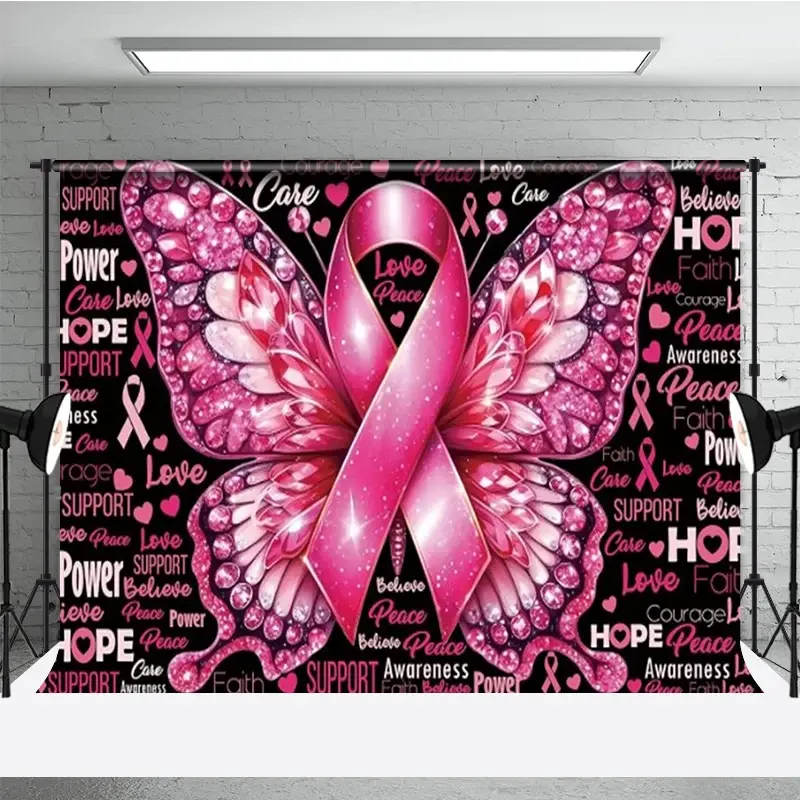 Aperturee Breast Cancer Awareness Pink Ribbon Backdrop, Butterfly with Hope and Faith, Support and Survivor Event Decor, 3x2ft (WxH), 14 USD, dance