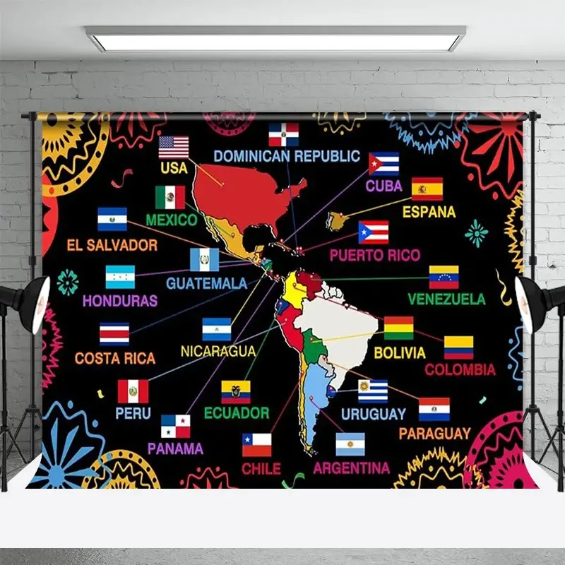 Aperturee Hispanic Heritage Month Backdrop with Map of Latin America, Flags of Latino Countries, Educational Fiesta Decor, 3x2ft (WxH), 14 USD, hisp