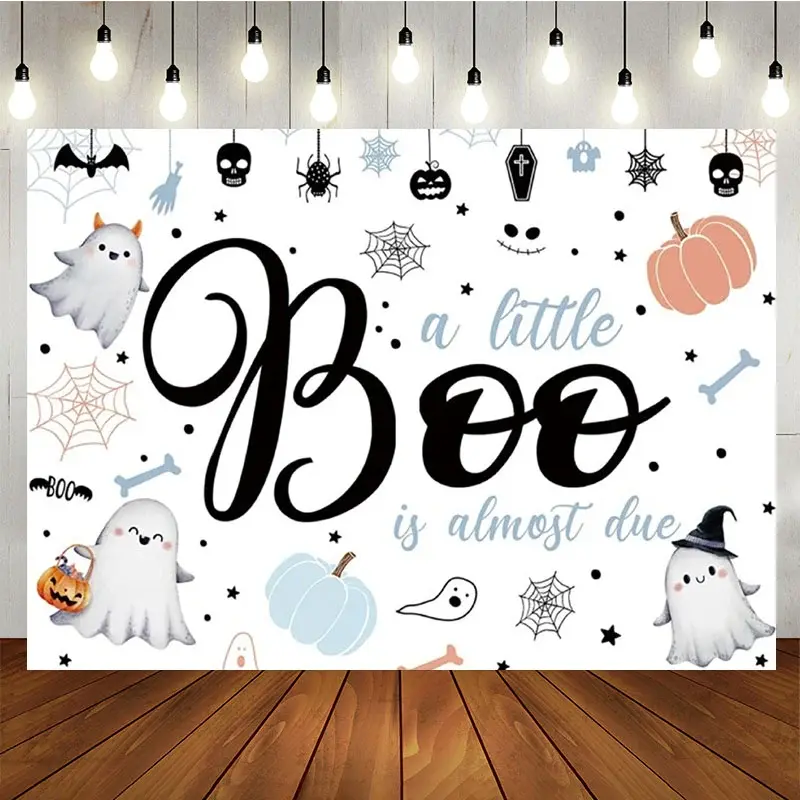 Aperturee A Little Boo is Almost Due Baby Shower Backdrop, Cute Ghost with Pastel Pumpkins, Halloween Gender Neutral Decor