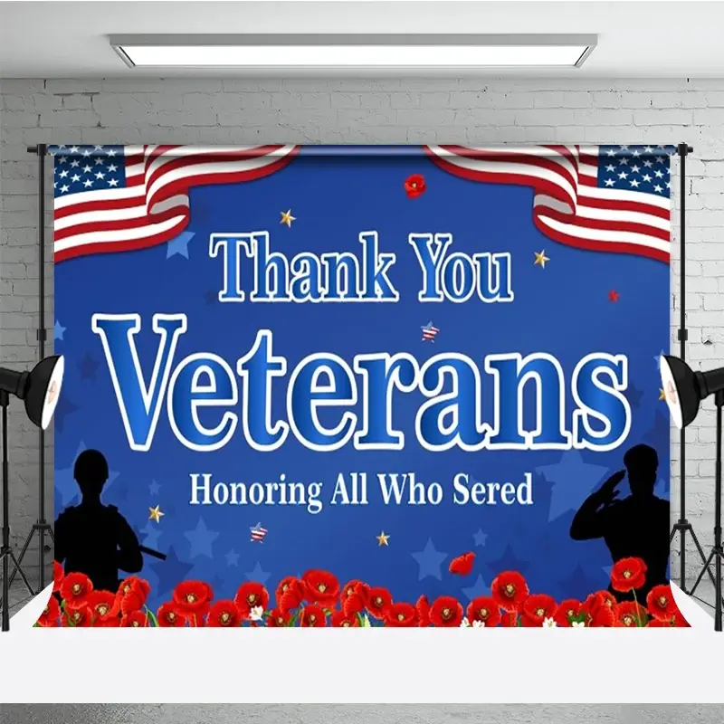 Aperturee Thank You Veterans Backdrop for Honoring All Who Served, Patriotic American Flag with Poppies, Veterans Day Decor, 3x2ft (WxH)