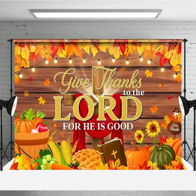 Aperturee Give Thanks to the Lord Backdrop, Religious Christian Thanksgiving Banner, Autumn Fall Pumpkins Cross Photo Props