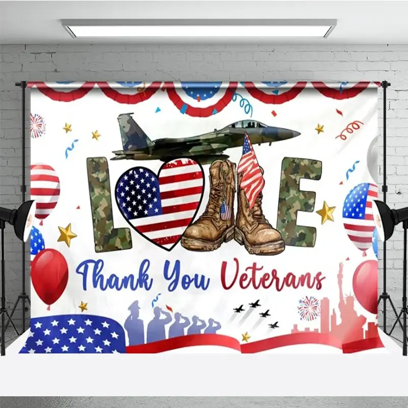Aperturee Thank You Veterans Backdrop, Patriotic Military Appreciation Banner, American Flag Boots Jet Photo Booth Props