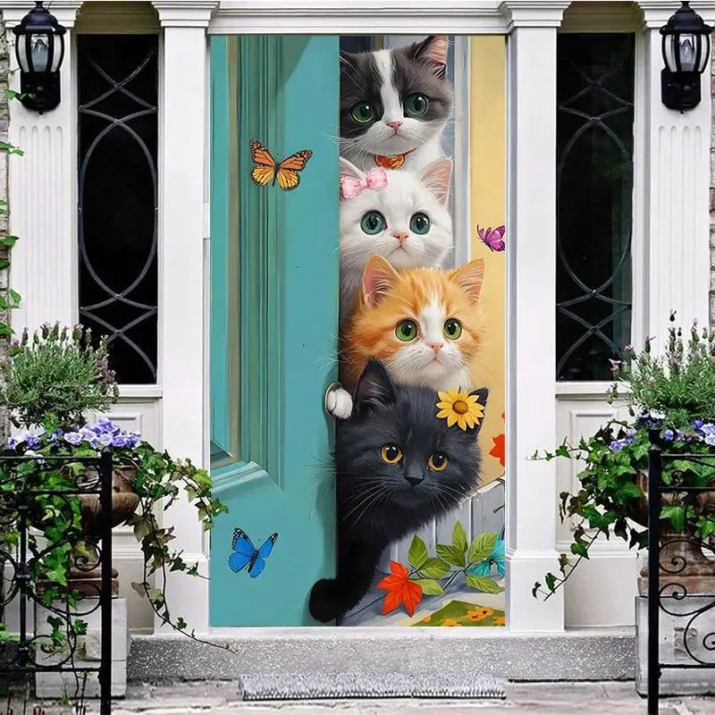Aperturee Spring Vibe Cute Cat Teal Door Butterfly Door Cover, 30x80 Inch, 28.48 USD, spring door covers, ANML131A-A