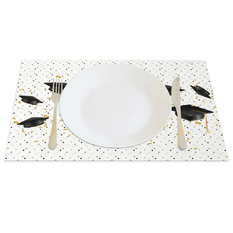 Aperturee Black And Gold Mortarboard Scroll Set of 4 Placemats, 14x12 Inch, 15.8 USD, placemats, CDJY00120-S
