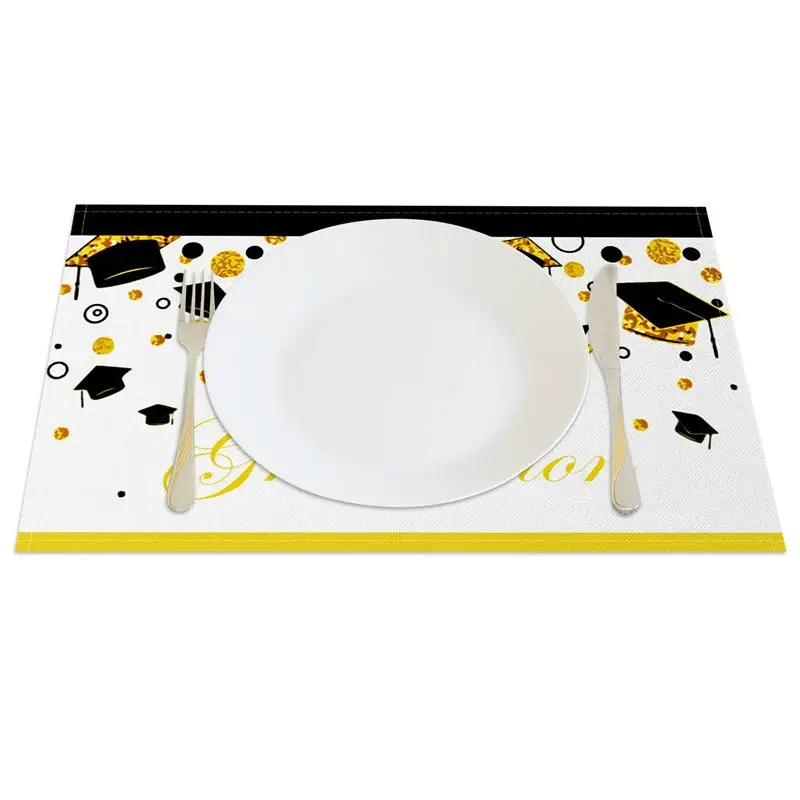 Aperturee Black Gold Glitter Mortarboard Set of 4 Placemats, 14x12 Inch, 15.8 USD, placemats, CDJY00122-S