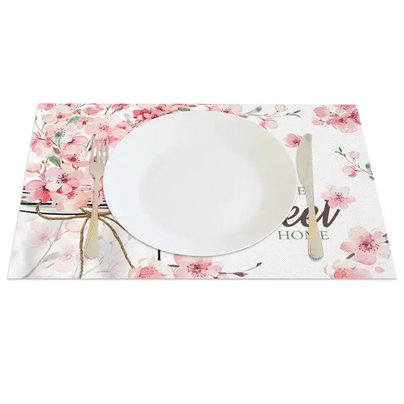 Aperturee Pink Fresh Floral Home Sweet Home Set of 4 Placemats, 14x12 Inch, 15.8 USD, placemats, CDJY00145-S