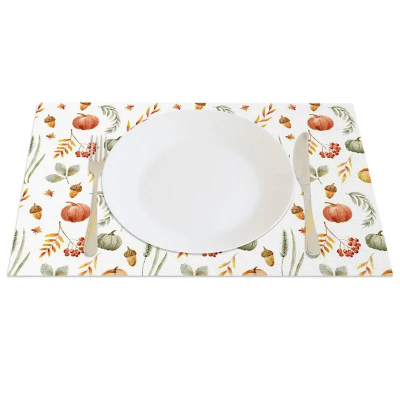 Aperturee Autumn Pumpkin, Nut, and Willow Leaf Set of 4 Placemats, for Rustic Fall and Thanksgiving Decor, 14x12in (WxH)