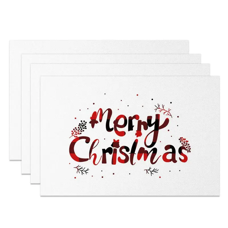 Aperturee Christmas Set of 4 Placemats, Merry Christmas Text, Red Buffalo Plaid Lettering on White Table Mats