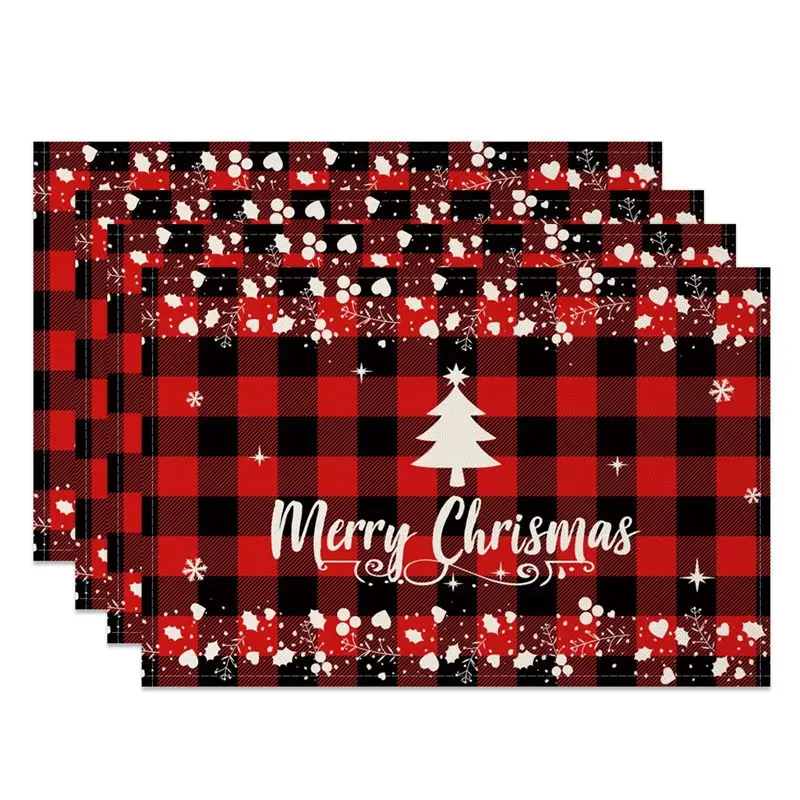 Aperturee Christmas Set of 4 Placemats, Red Buffalo Plaid with White Tree, Merry Christmas Farmhouse Table Mats