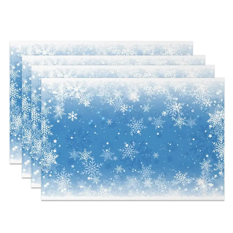 Aperturee Christmas Snowflake Set of 4 Placemats, Blue and White Winter, Frozen Holiday Table Mats Decor