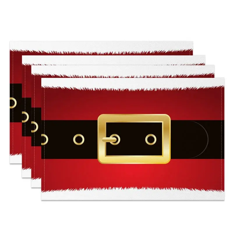 Aperturee Santa Suit Christmas Set of 4 Placemats, Red with Black Belt, White Fur Trim Holiday Table Mats