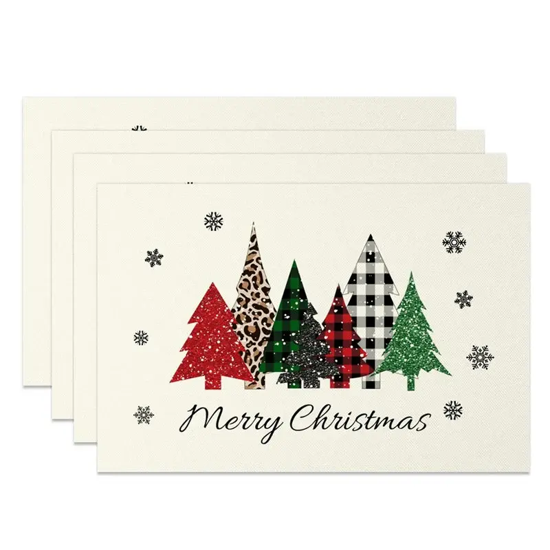 Aperturee Christmas Tree Set of 4 Placemats, Leopard Plaid Trees, Merry Christmas Farmhouse Table Mats Decor