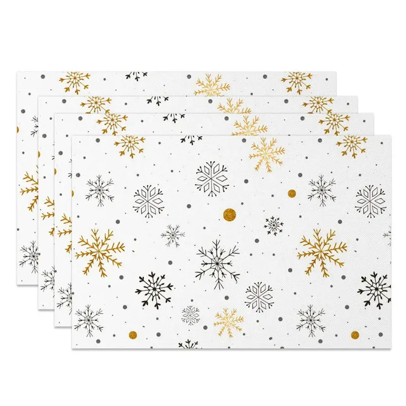 Aperturee Winter Snowflake Set of 4 Placemats, White with Gold and Black Snowflakes, Modern Holiday Table Mats