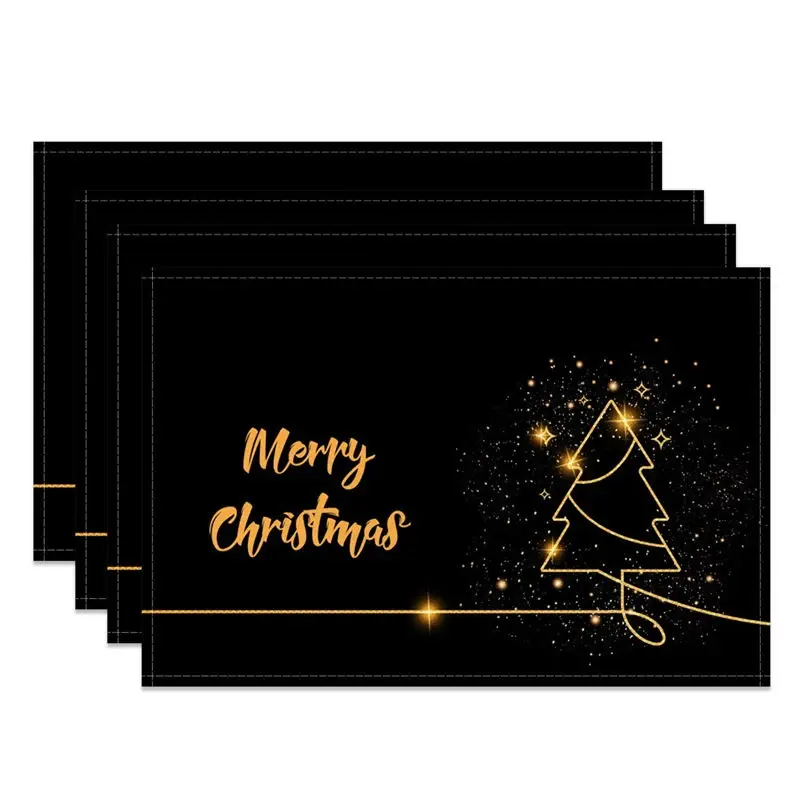 Aperturee Modern Christmas Set of 4 Placemats, Black and Gold Sparkling Tree, Elegant Holiday Table Mats Decor