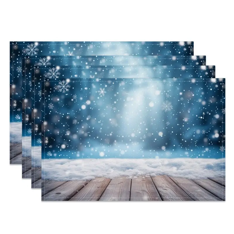 Aperturee Winter Snow Set of 4 Placemats, Rustic Wood Floor with Blue Bokeh, Christmas Holiday Table Mats Decor