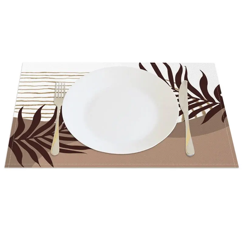 Aperturee Modern White and Brown Leaf Stripe Set of 4 Placemats, for Botanical and Farmhouse Kitchen Dining Decor, 14x12in (WxH)