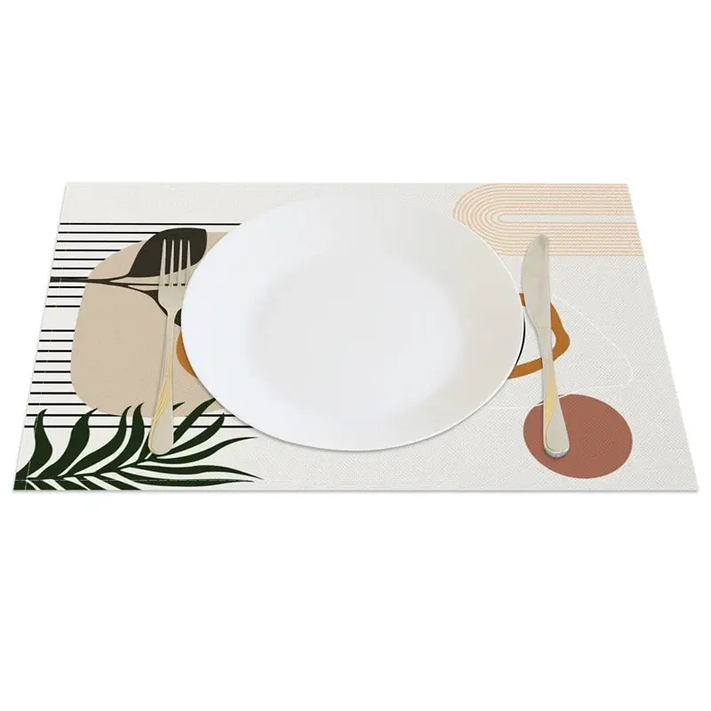 Aperturee Modern Green Leaf and Brown Circle Set of 4 Placemats, for Mid-Century Geometric and Botanical Decor, 14x12in (WxH)