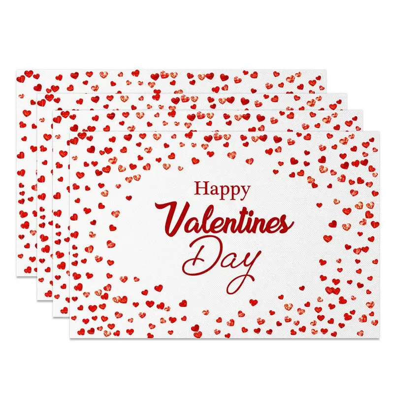 Aperturee Happy Valentines Day Set of 4 Placemats, Scattered Red Glitter Hearts Table Mats for Romantic Holiday Party Studio