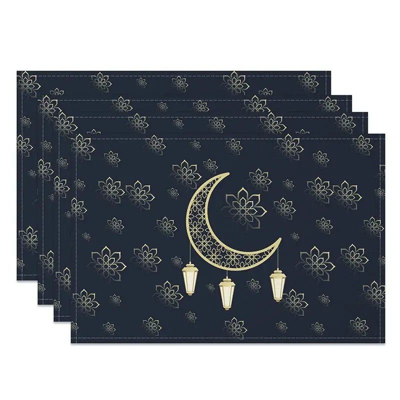 Aperturee Ramadan Kareem Golden Moon Set of 4 Placemats, Eid Mubarak Lanterns and Floral Navy Blue Dining Table Mats Professional