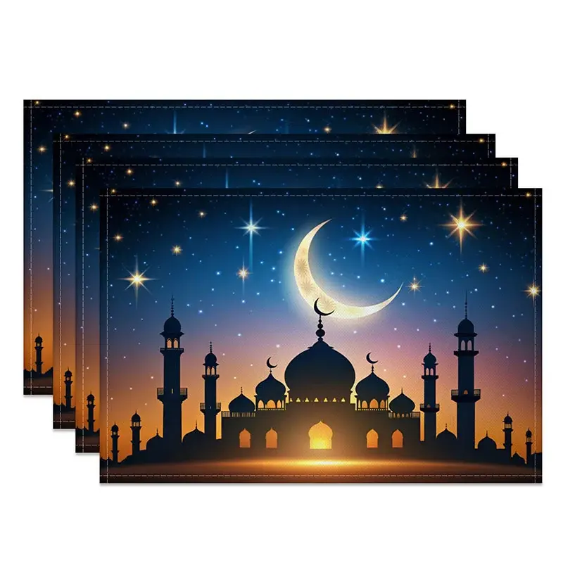 Aperturee Starry Night Ramadan Mosque Set of 4 Placemats, Glowing Moon and Stars Eid Mubarak Dining Table Mats for Home Pro
