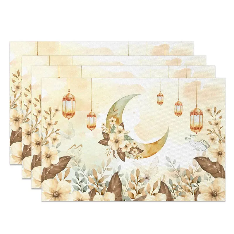 Aperturee Boho Floral Moon and Butterfly Set of 4 Placemats, Ramadan Eid Mubarak Greenery Dining Mats for Spring Decor Pro